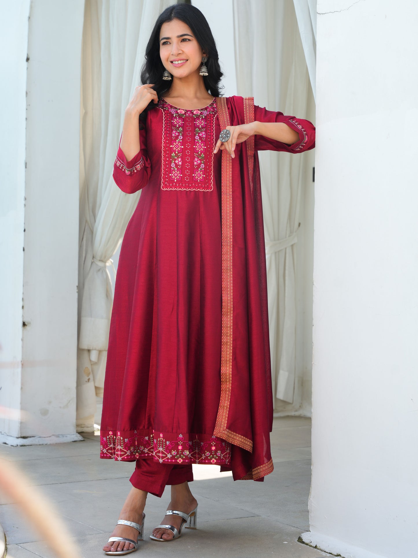 Embroidered Blended Silk Maroon Anarkali Kurta