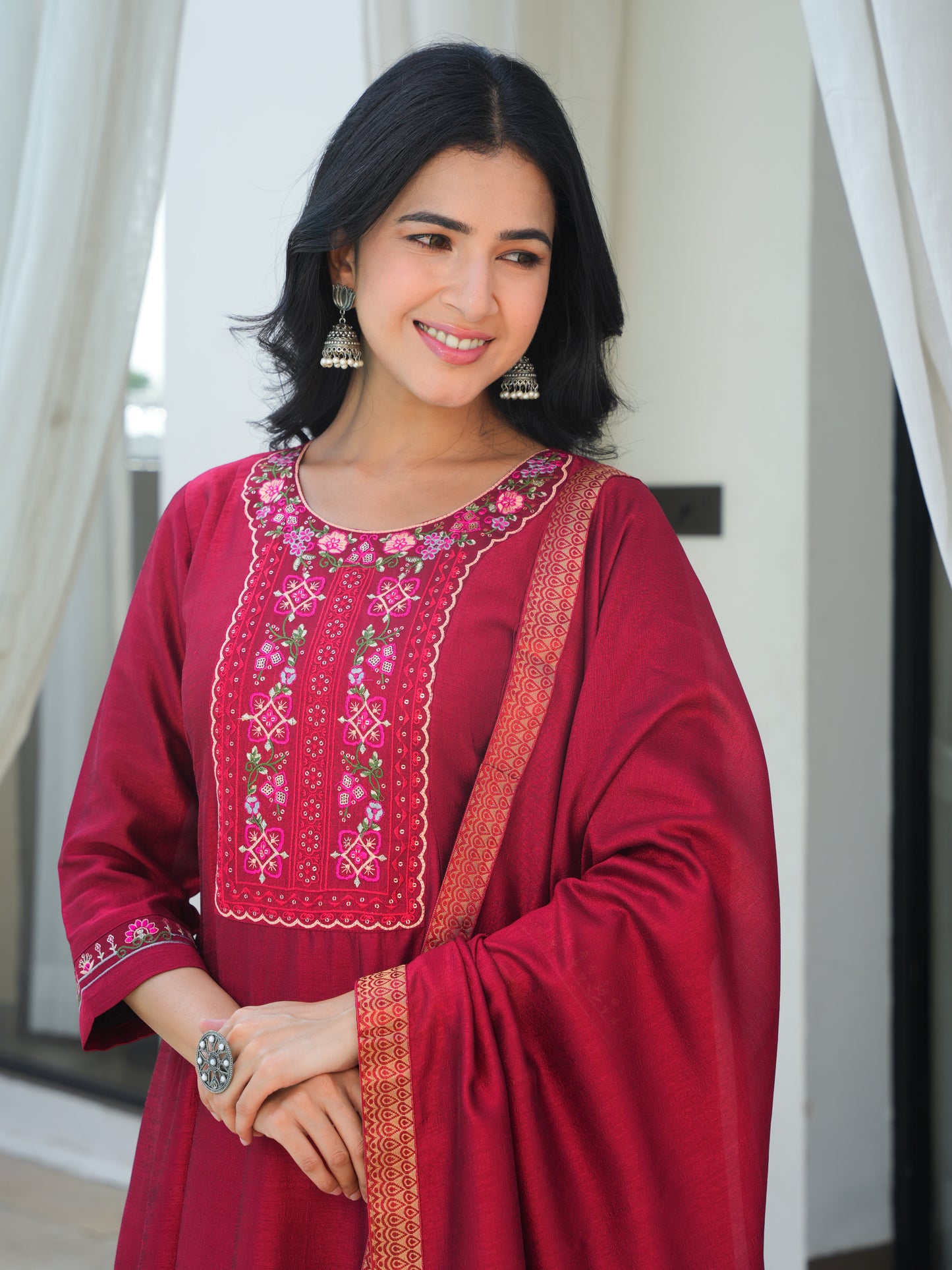 Embroidered Blended Silk Maroon Anarkali Kurta