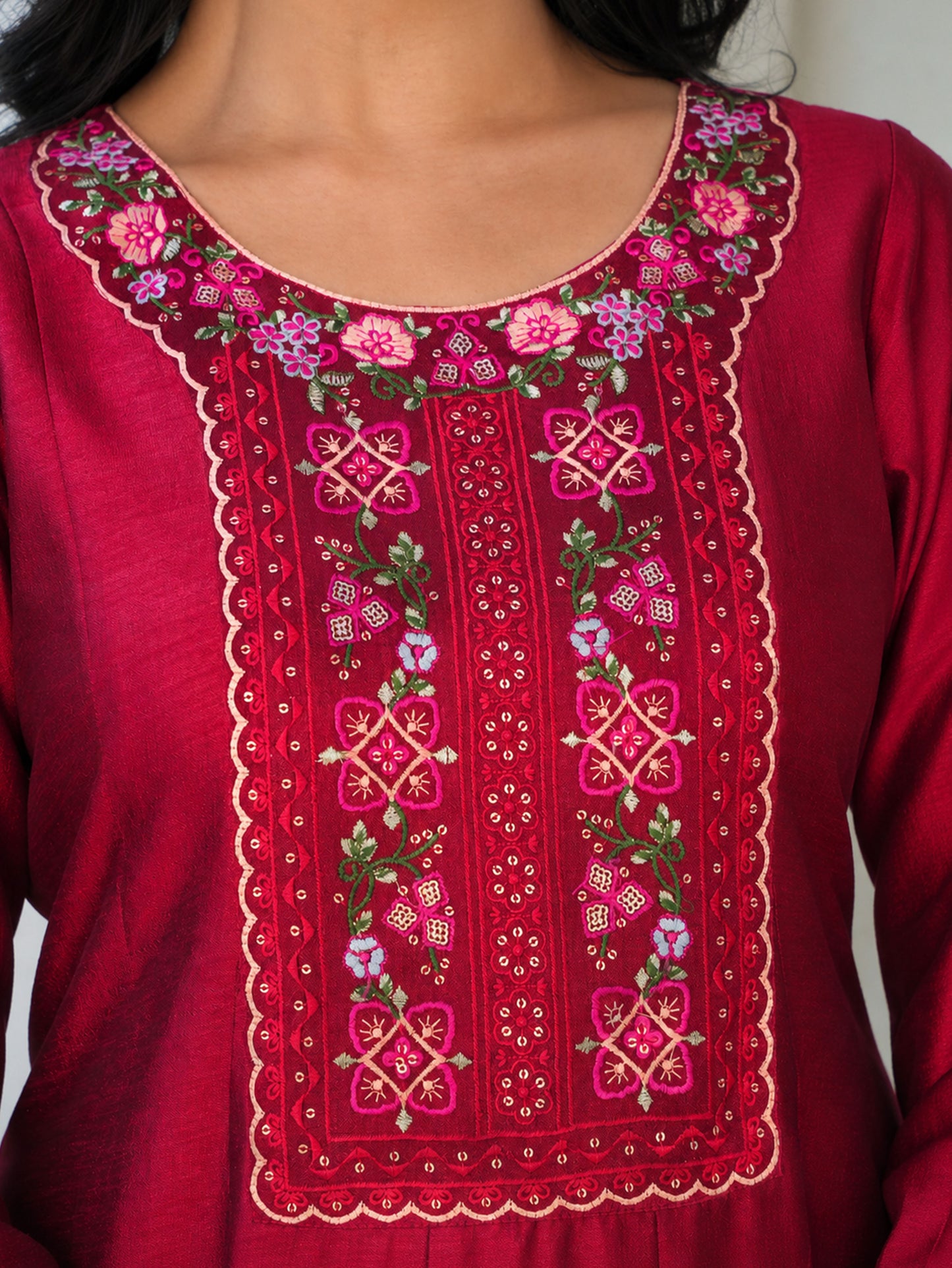 Embroidered Blended Silk Maroon Anarkali Kurta