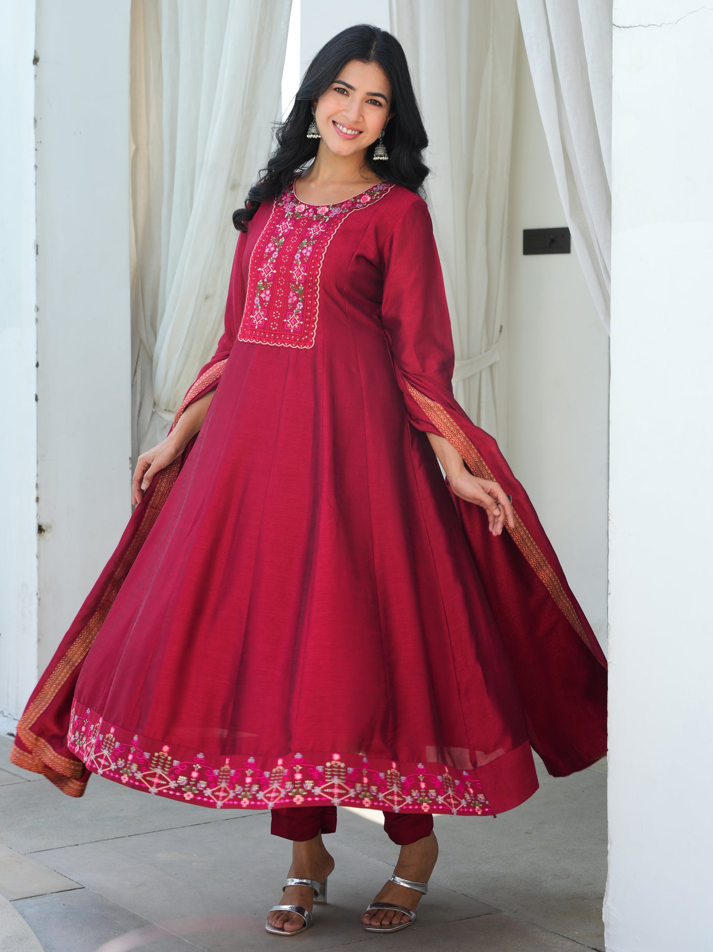 Embroidered Blended Silk Maroon Anarkali Kurta