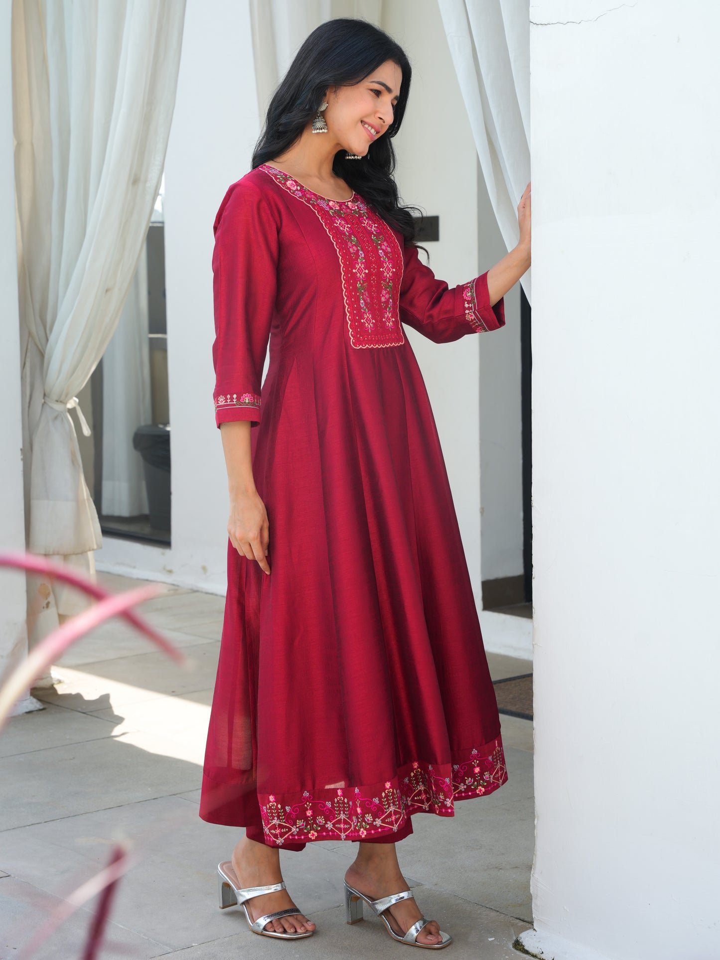 Embroidered Blended Silk Maroon Anarkali Kurta