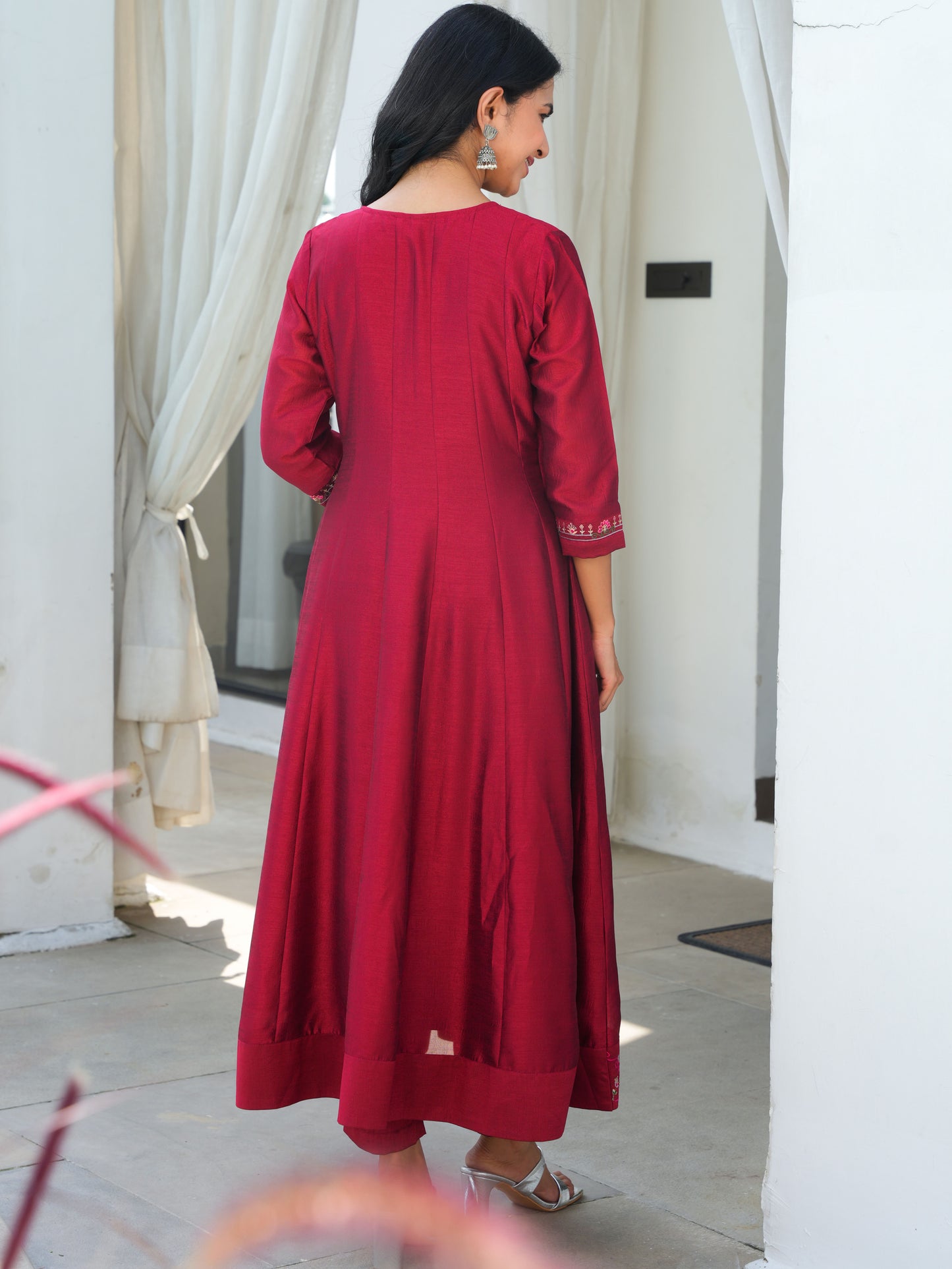 Embroidered Blended Silk Maroon Anarkali Kurta