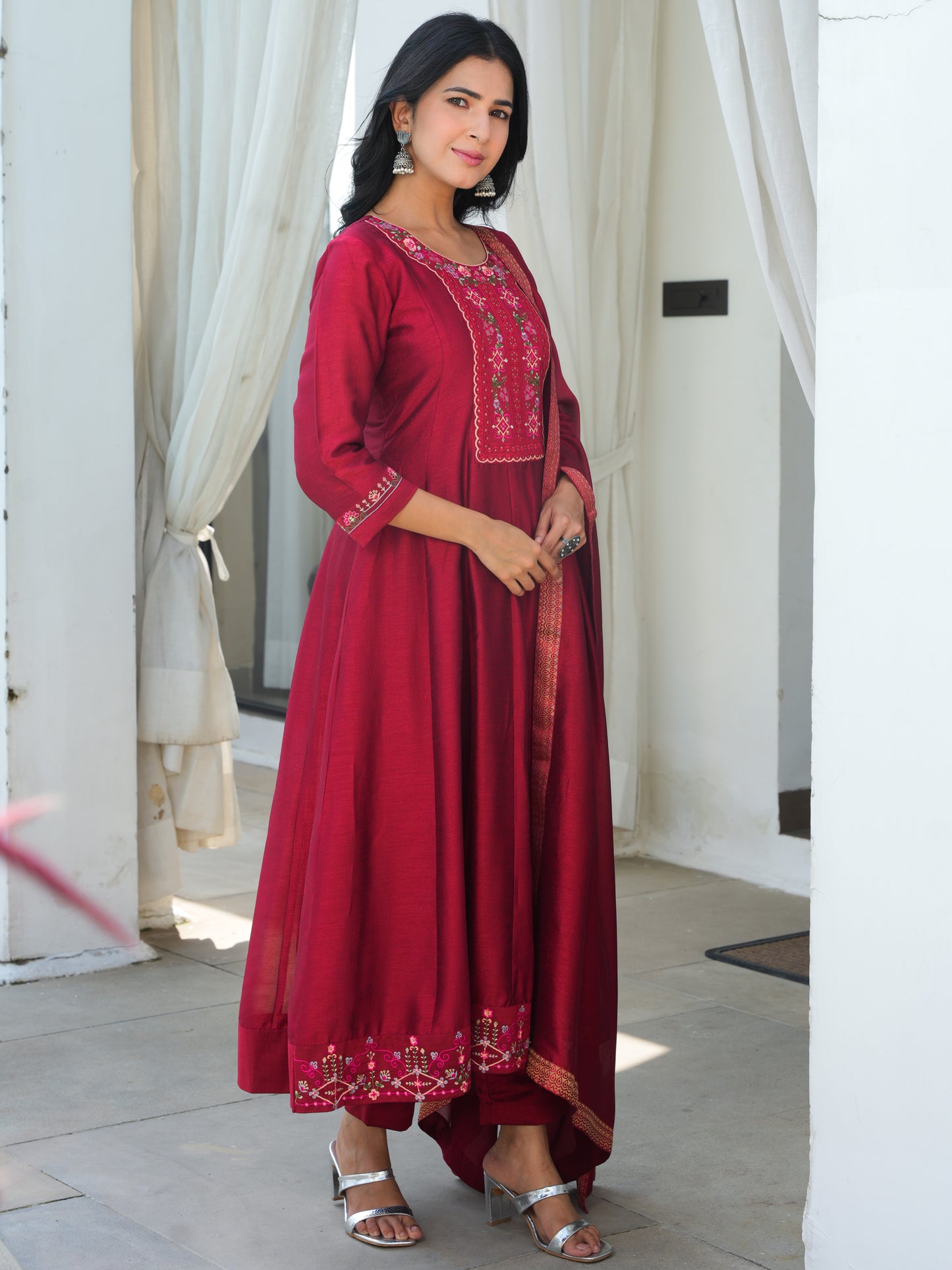 Embroidered Blended Silk Maroon Anarkali Kurta