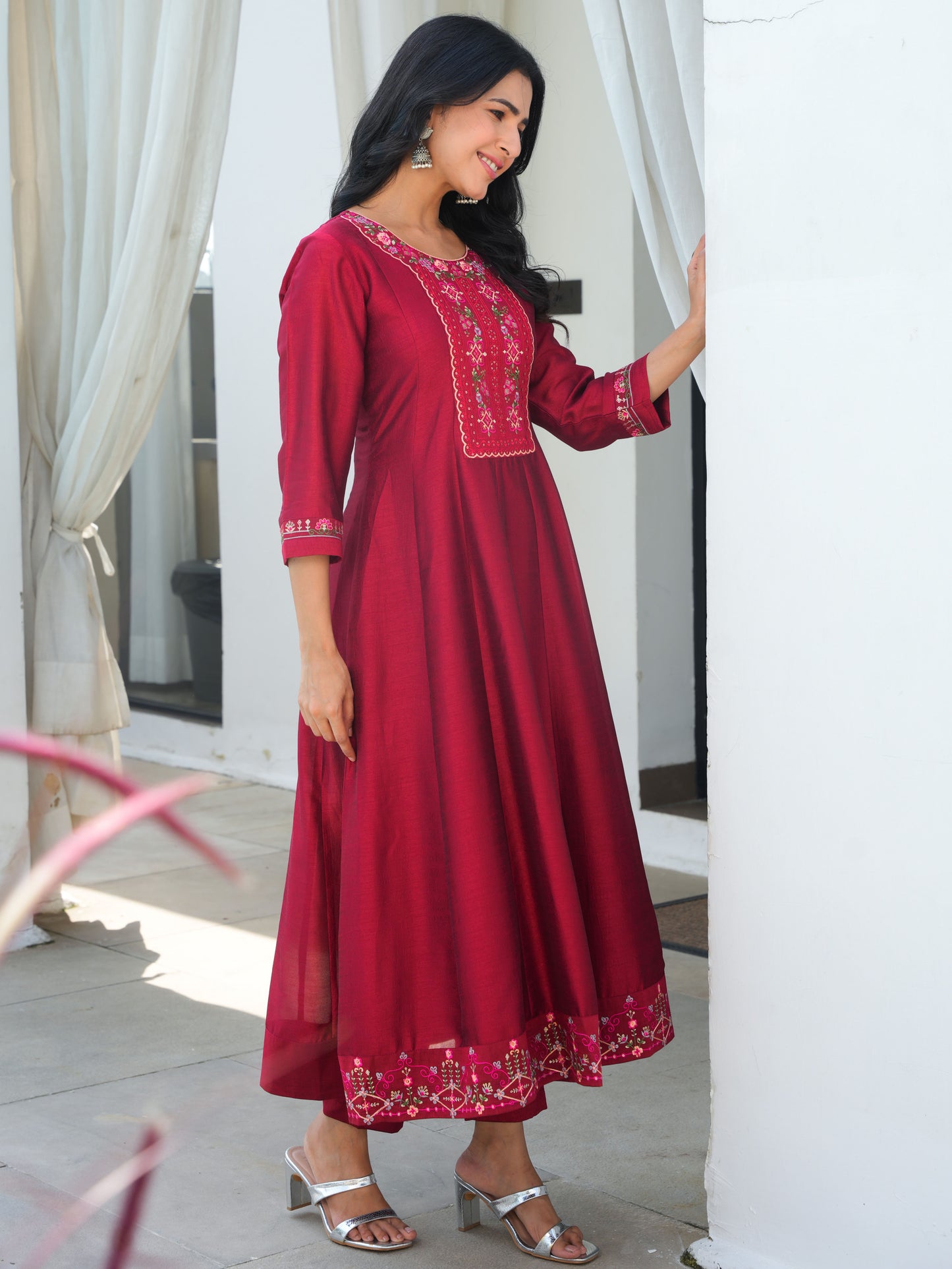 Embroidered Blended Silk Maroon Anarkali Kurta