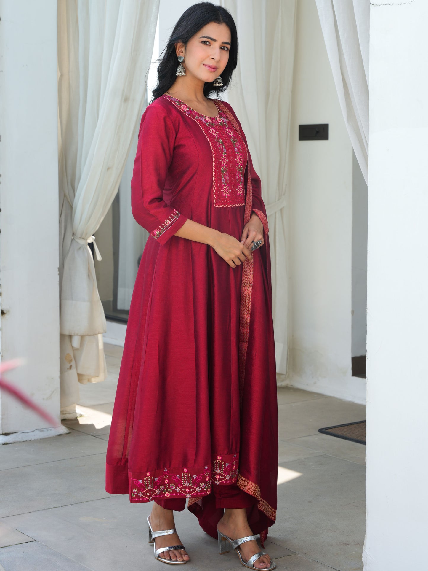 Embroidered Blended Silk Maroon Anarkali Kurta