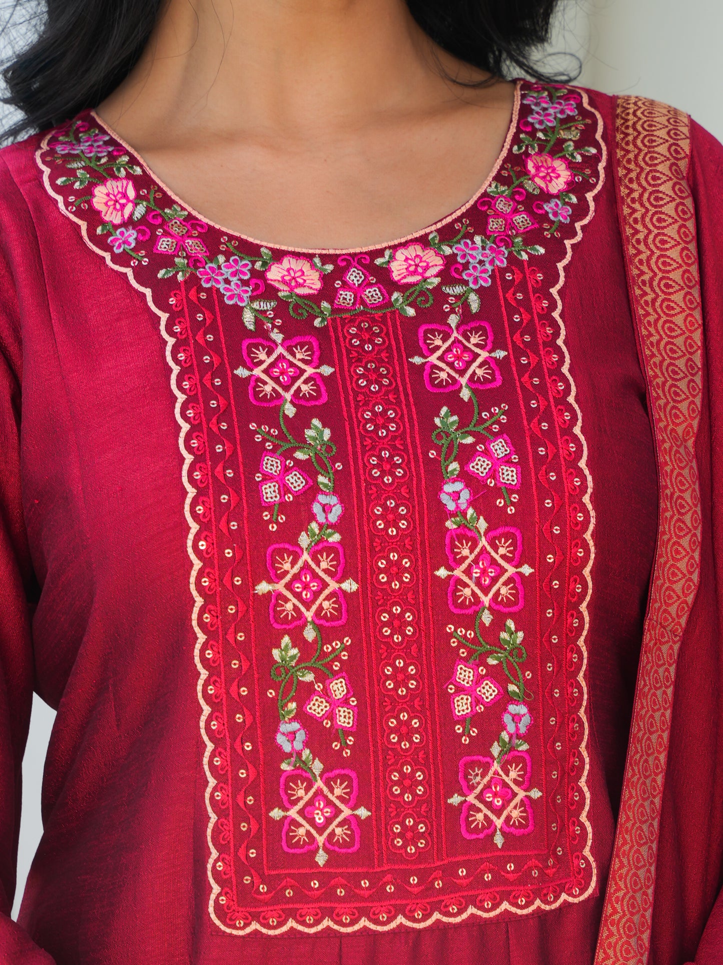 Embroidered Blended Silk Maroon Anarkali Kurta
