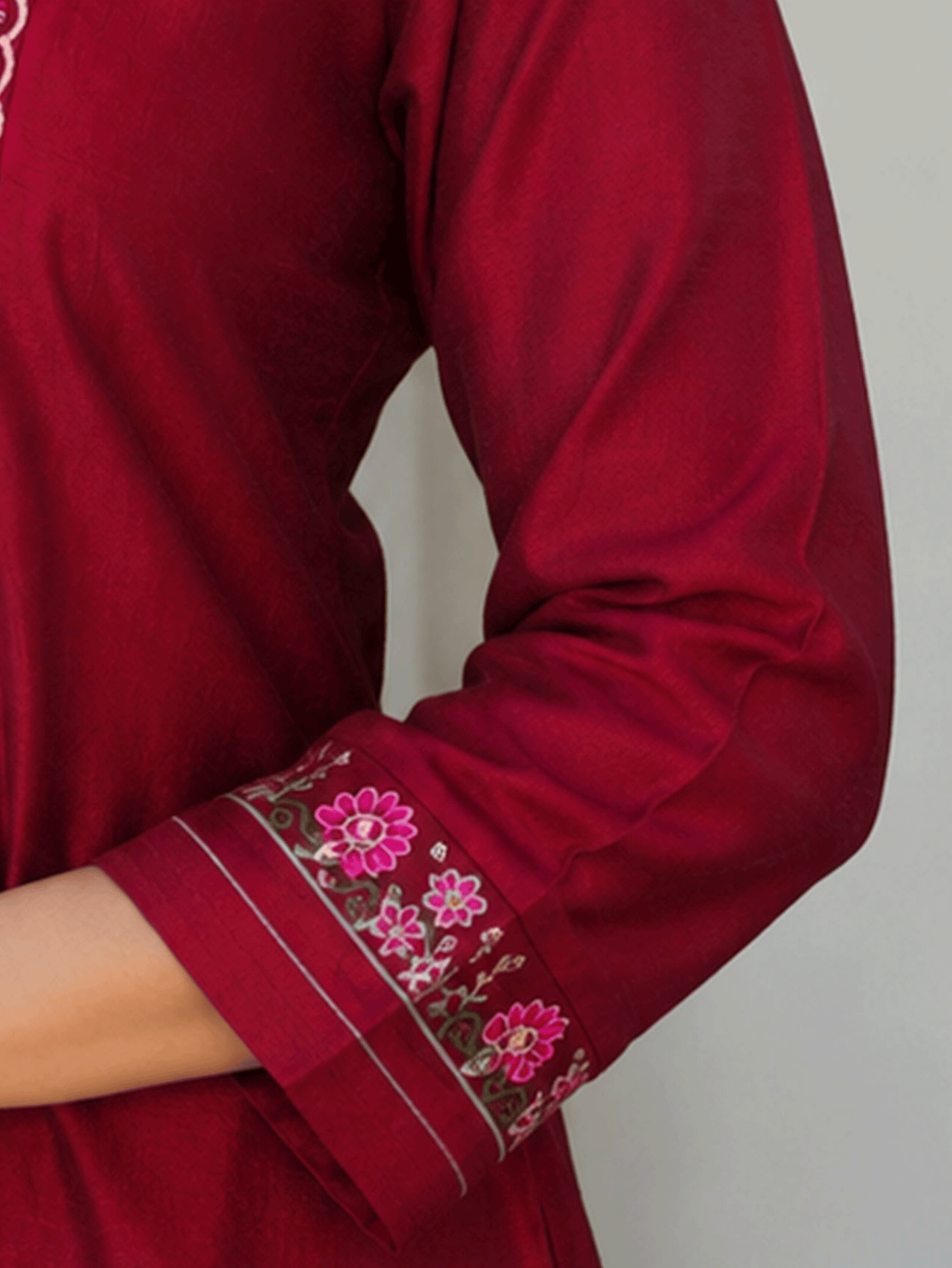 Embroidered Blended Silk Maroon Anarkali Kurta