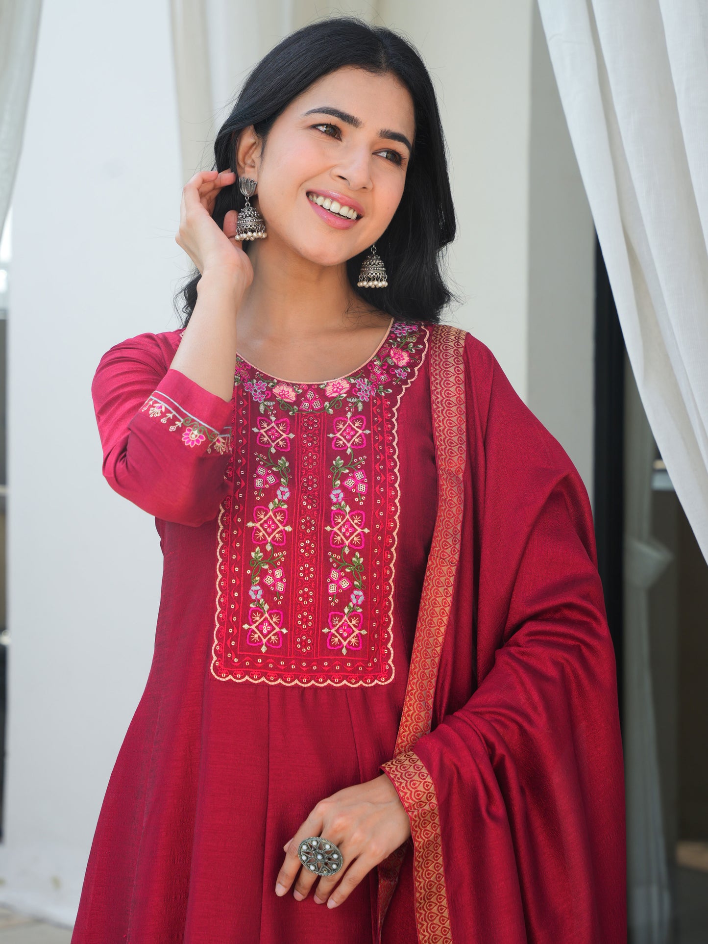 Embroidered Blended Silk Maroon Anarkali Kurta