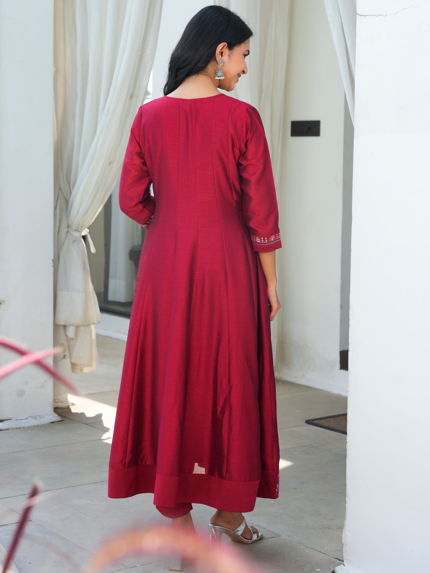 Embroidered Blended Silk Maroon Anarkali Kurta