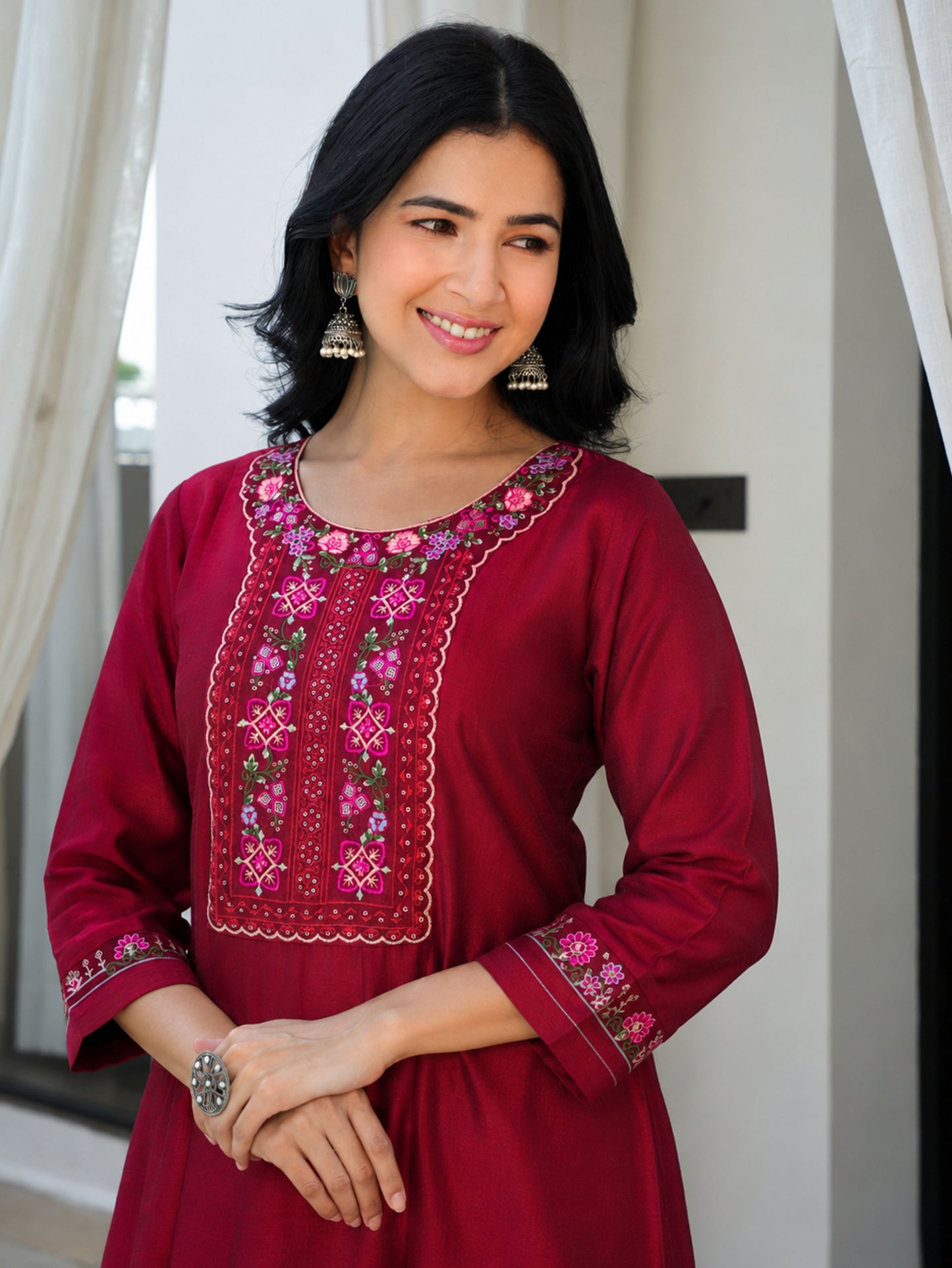 Embroidered Blended Silk Maroon Anarkali Kurta
