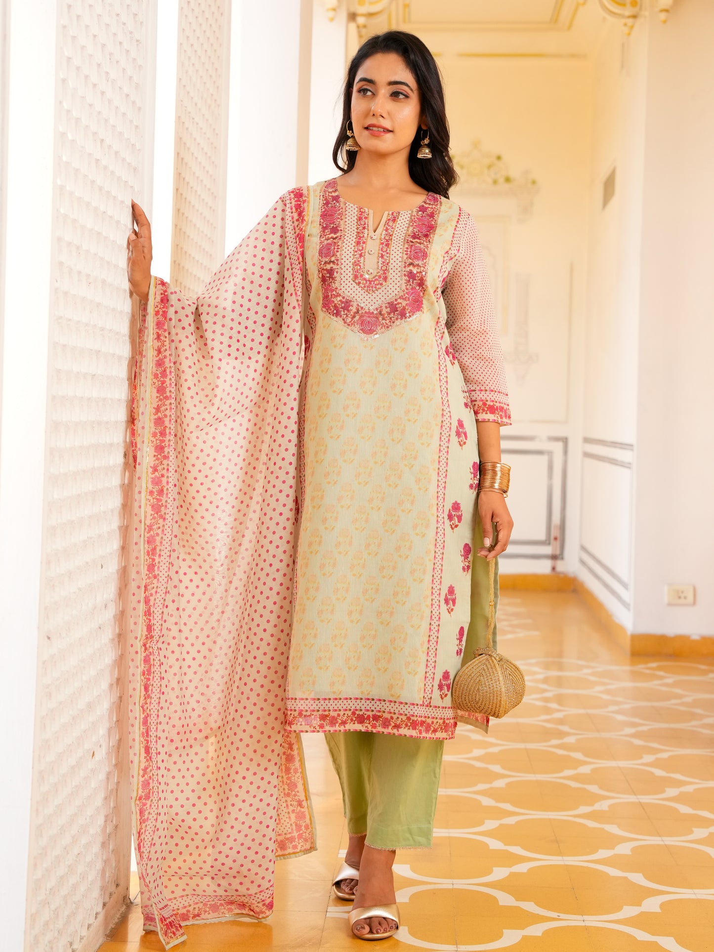 Chanderi Floral Sage Green Dupatta