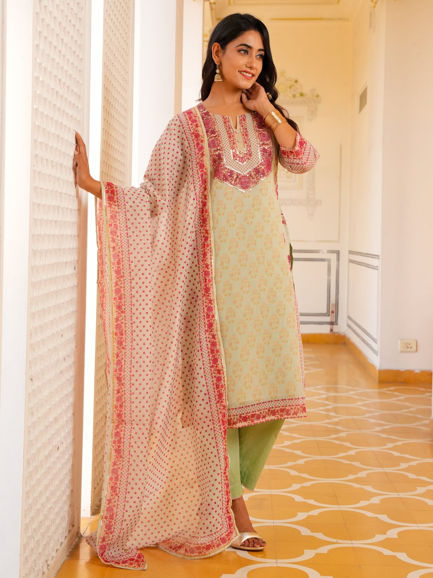 Chanderi Floral Sage Green Dupatta