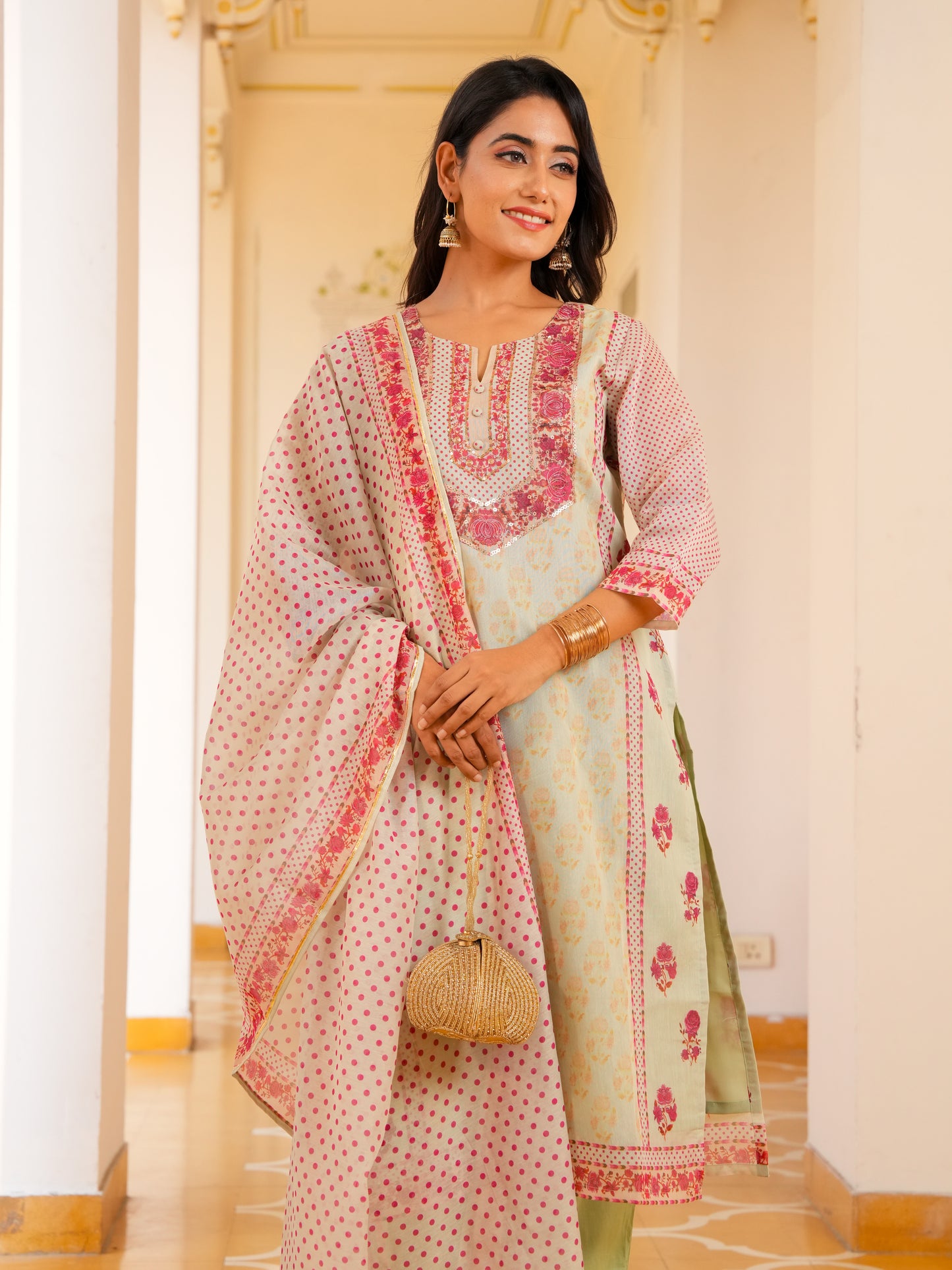 Chanderi Floral Sage Green Dupatta
