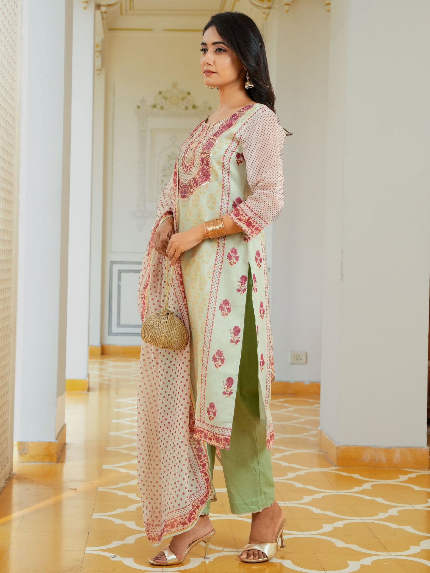Embroidered Chanderi Floral Sage Green Kurta