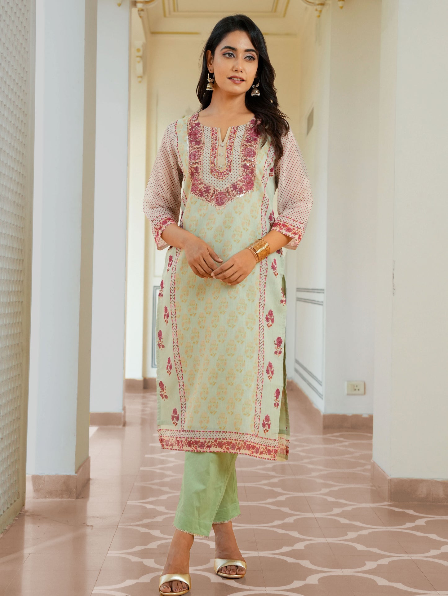 Embroidered Chanderi Floral Sage Green Kurta