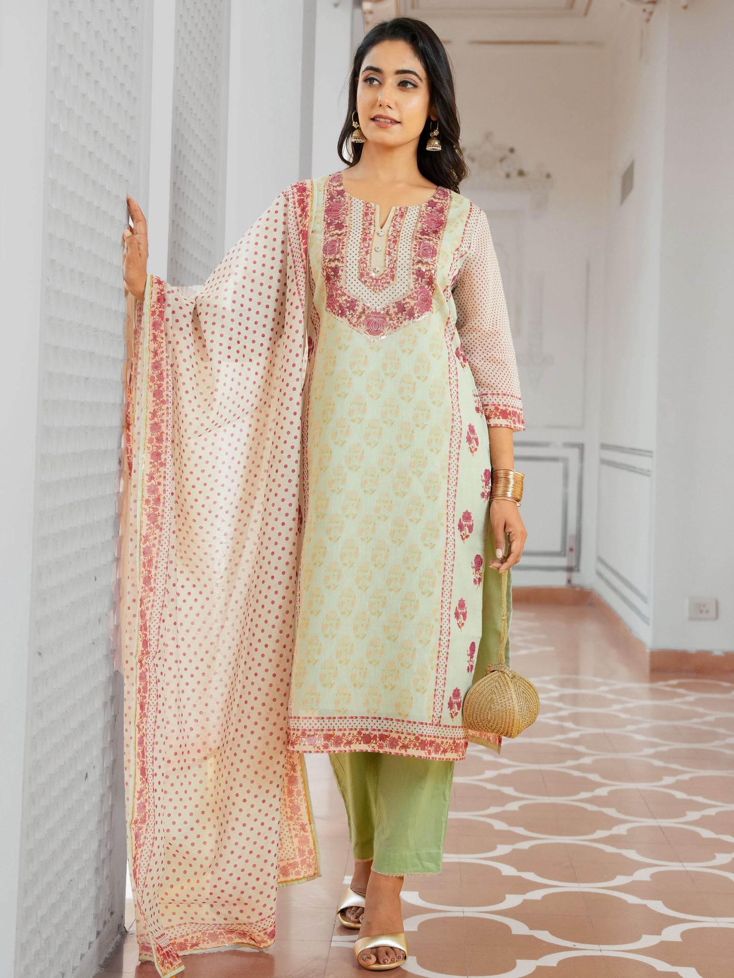 Embroidered Chanderi Floral Sage Green Kurta