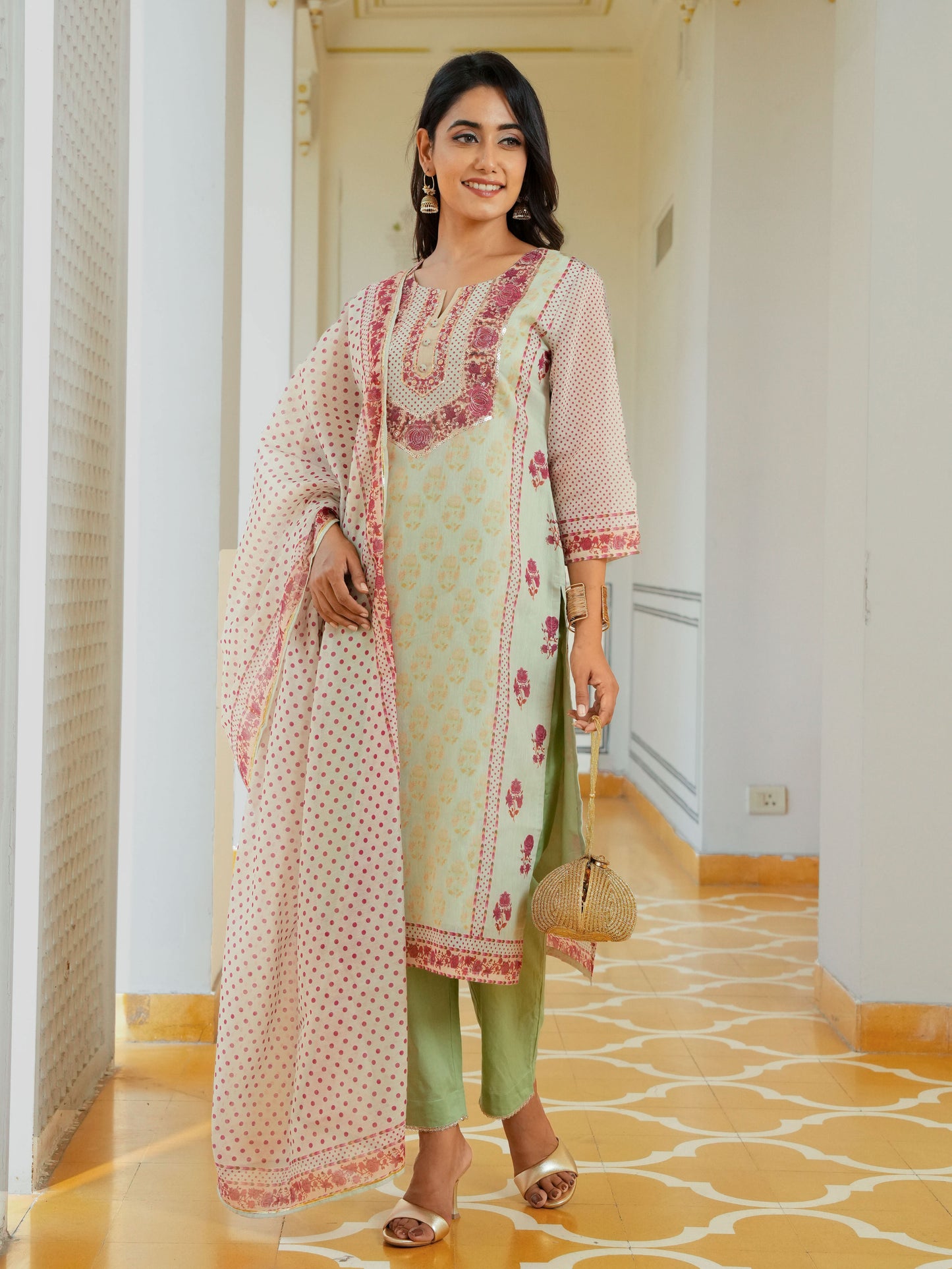 Embroidered Chanderi Floral Sage Green Kurta