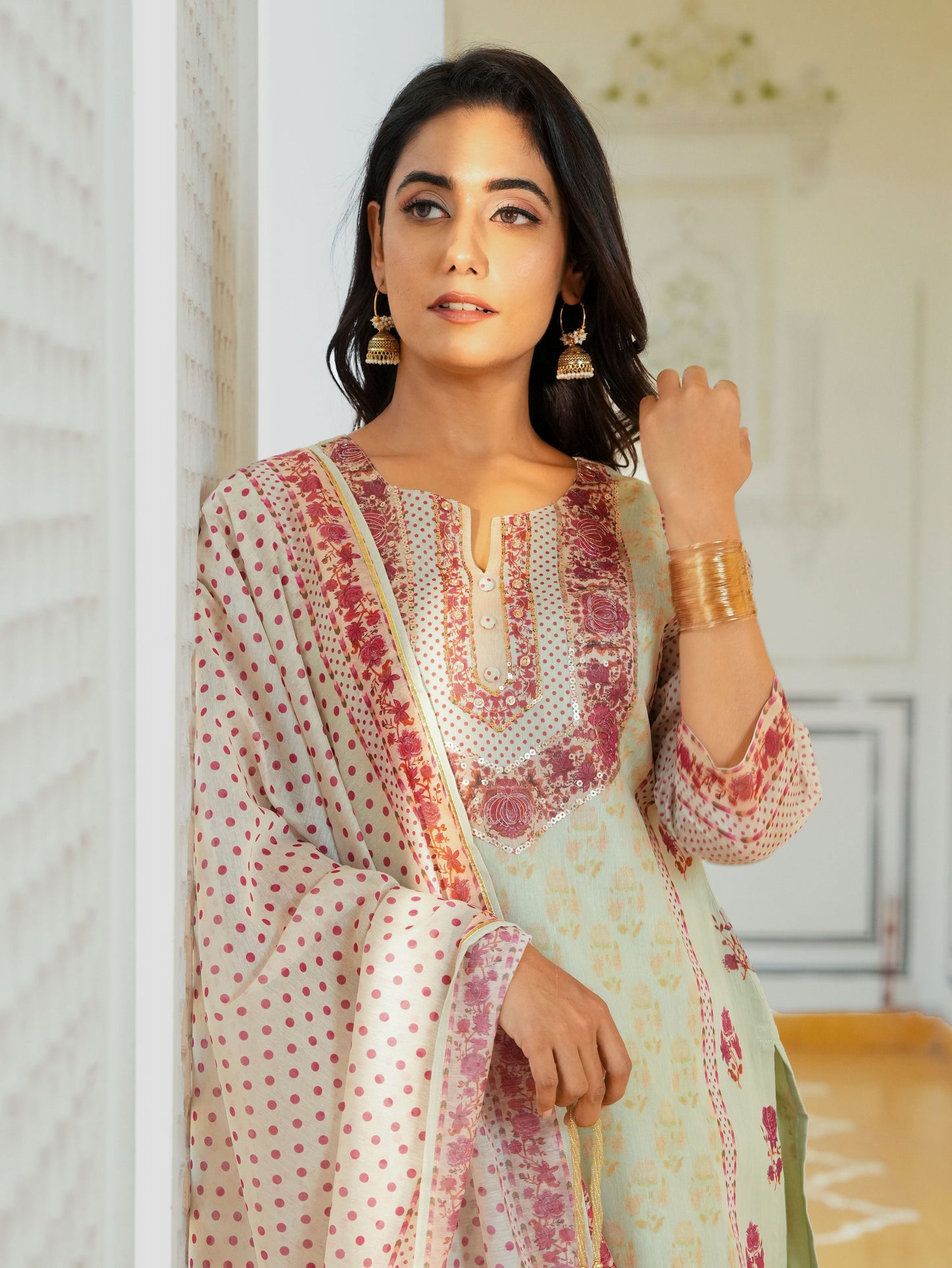 Embroidered Chanderi Floral Sage Green Kurta