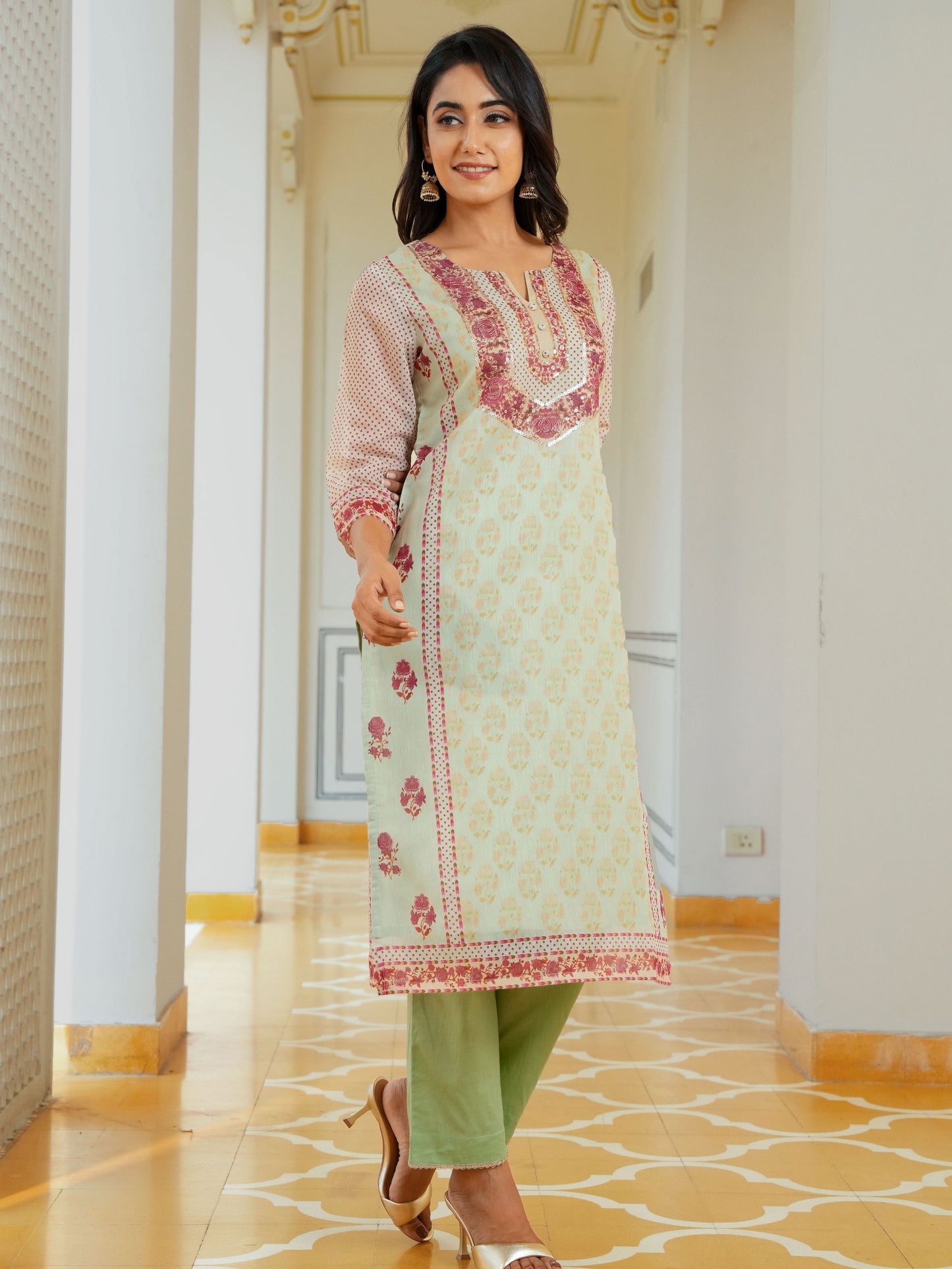 Embroidered Chanderi Floral Sage Green Kurta