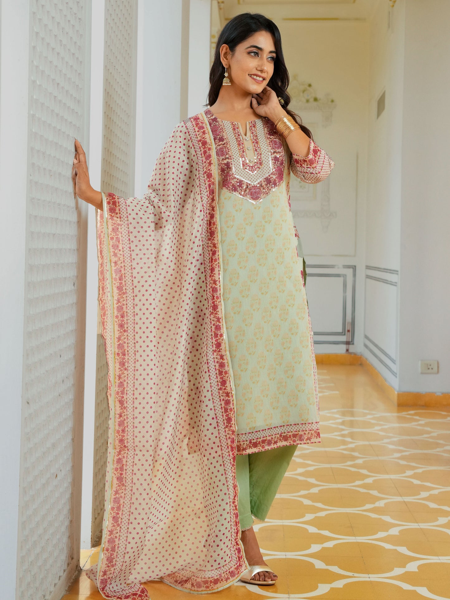 Embroidered Chanderi Floral Sage Green Kurta