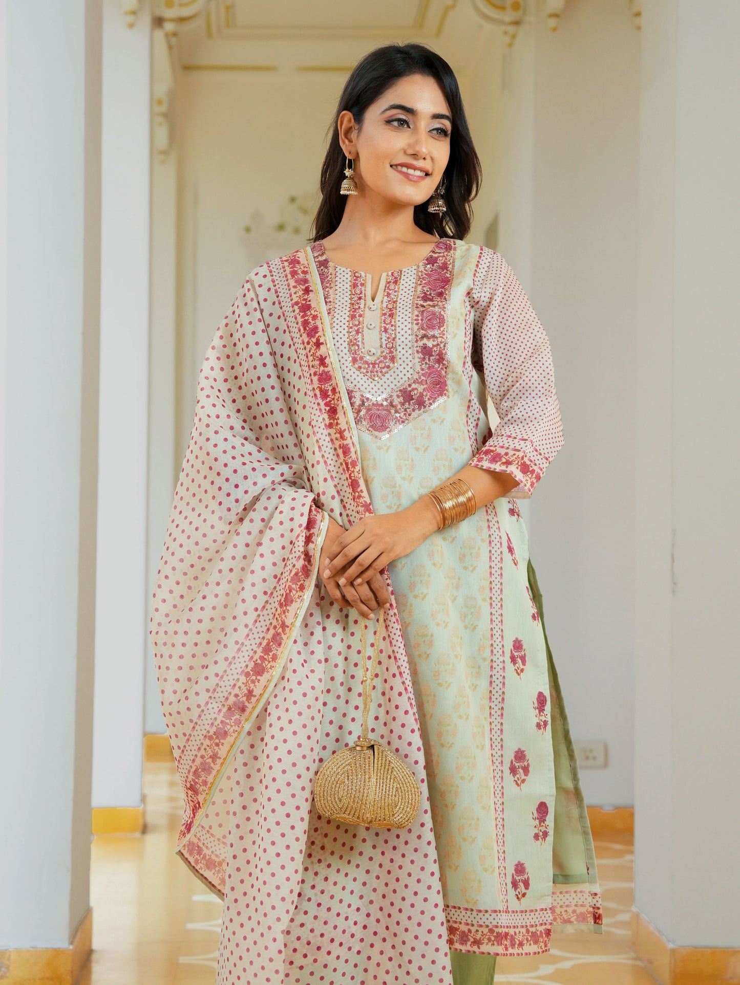 Embroidered Chanderi Floral Sage Green Kurta