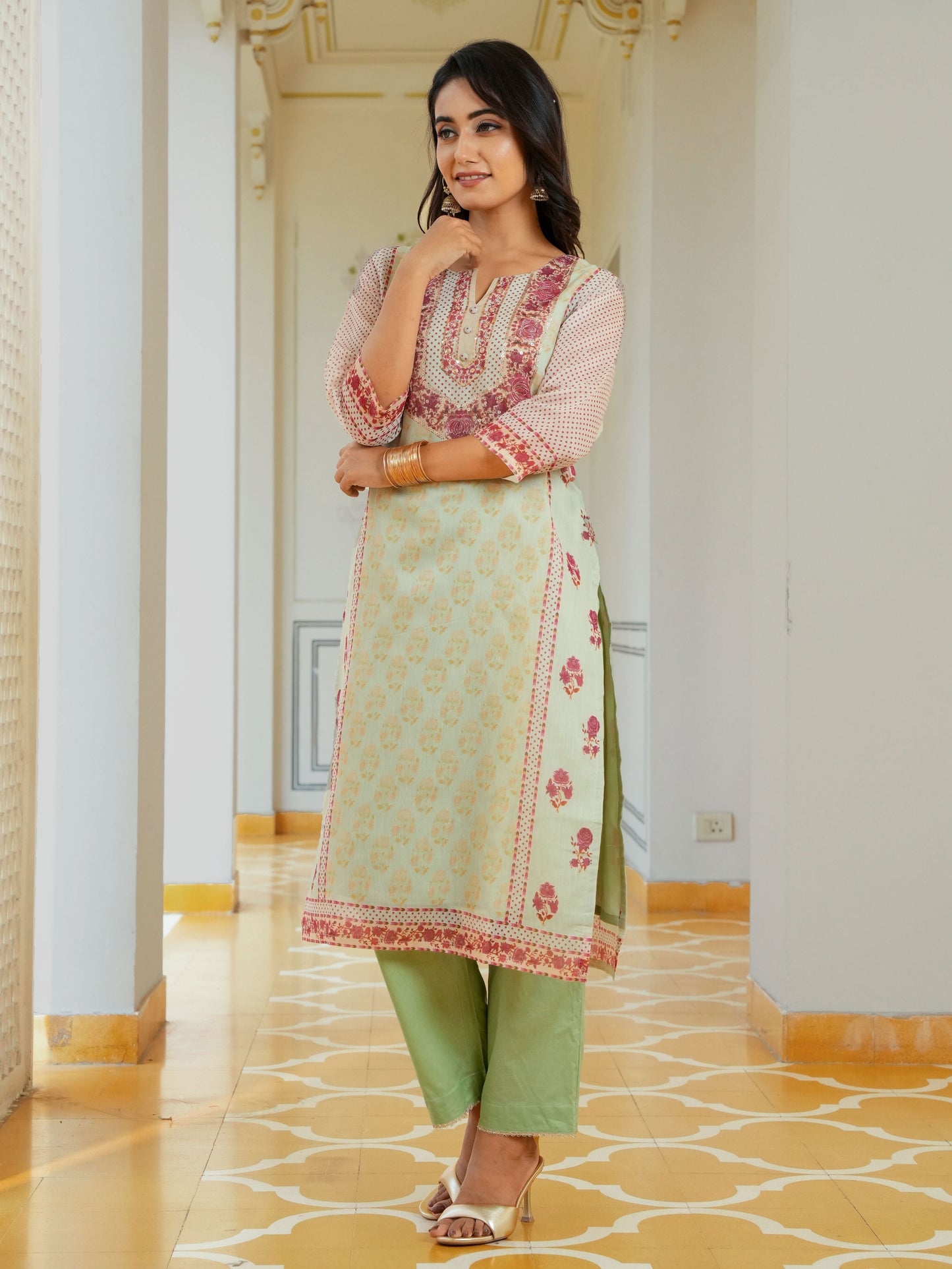 Embroidered Chanderi Floral Sage Green Kurta