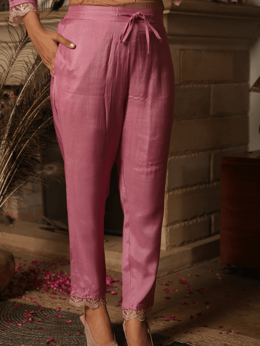 Embroidered Blended Silk Dusty Pink Trousers