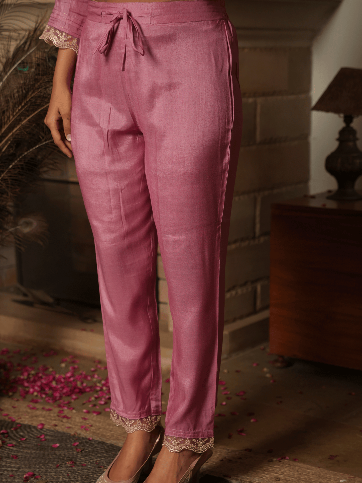 Embroidered Blended Silk Dusty Pink Trousers