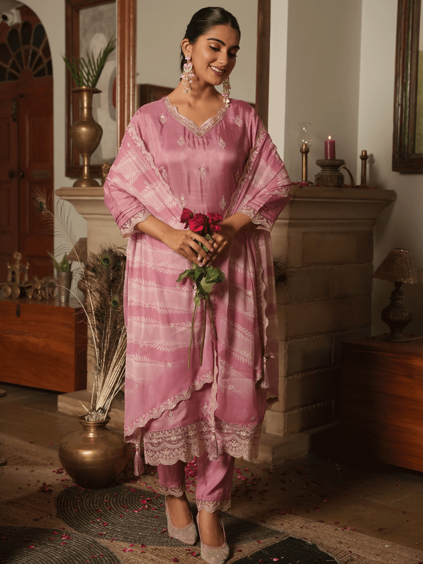 Embroidered Chiffon Digital Dusty Pink Dupatta