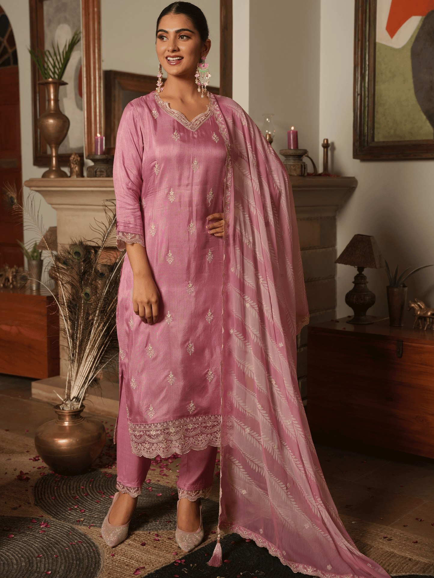 Embroidered Chiffon Digital Dusty Pink Dupatta