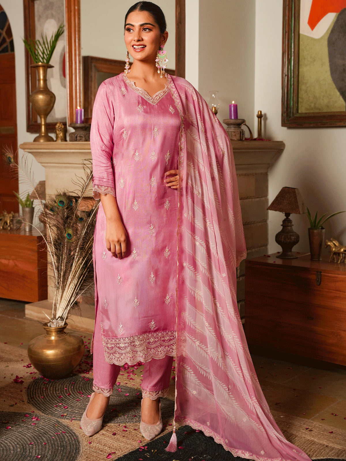 Embroidered Poly Silk Dusty Pink Kurta