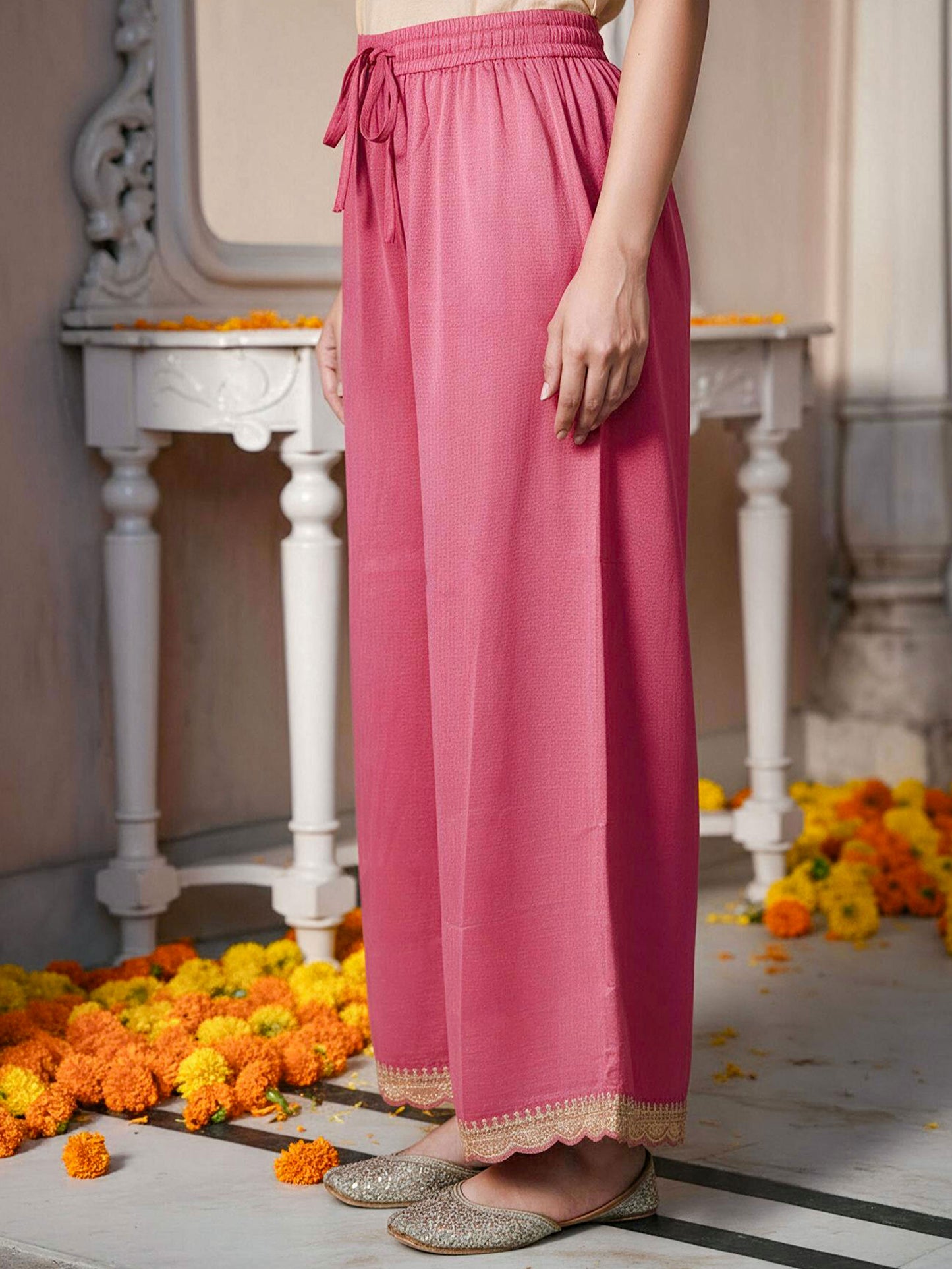 Embroidered Blended Silk Coral Kurta