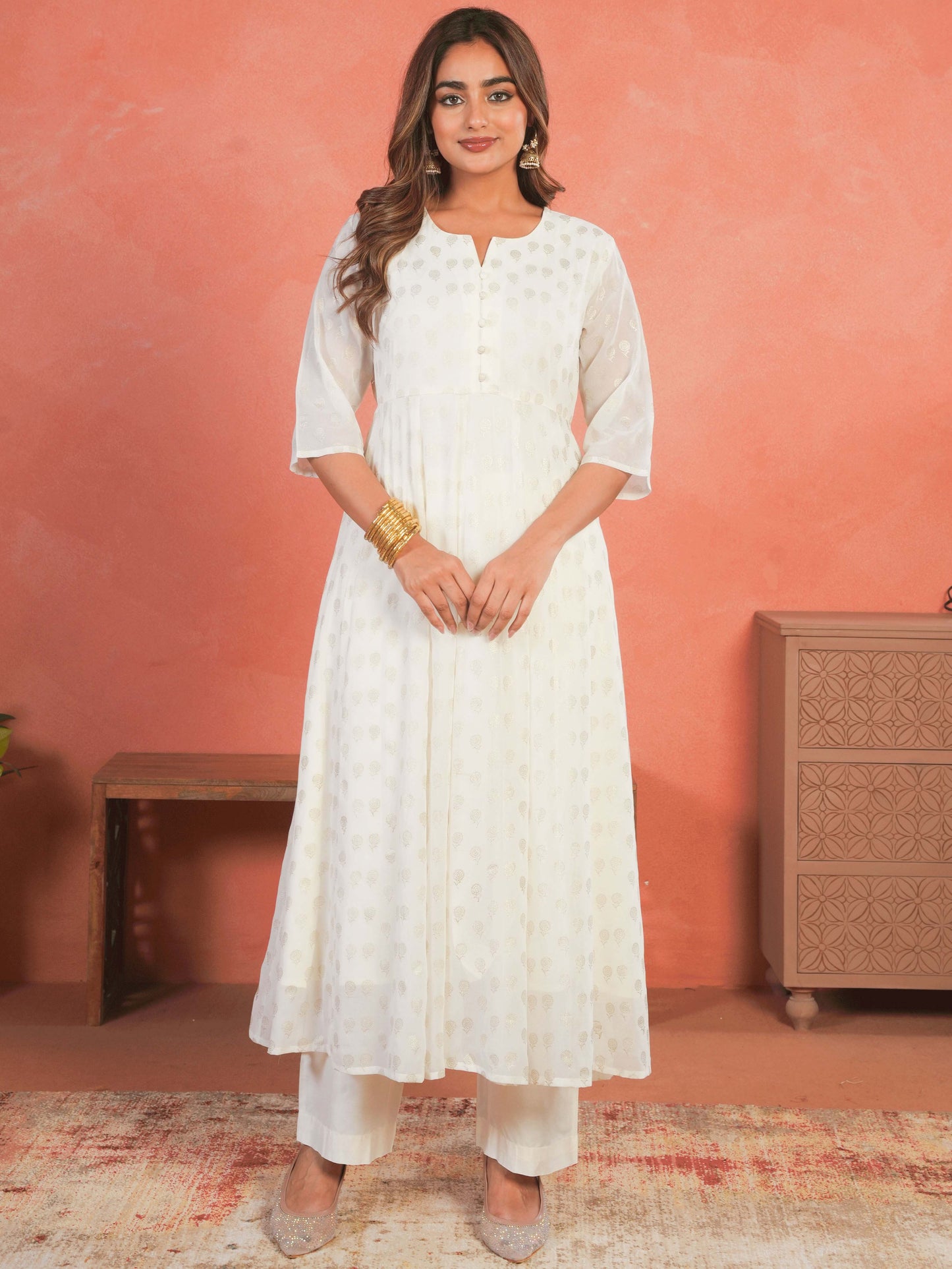 Georgette Gold foil Anarkali Off White Kurta
