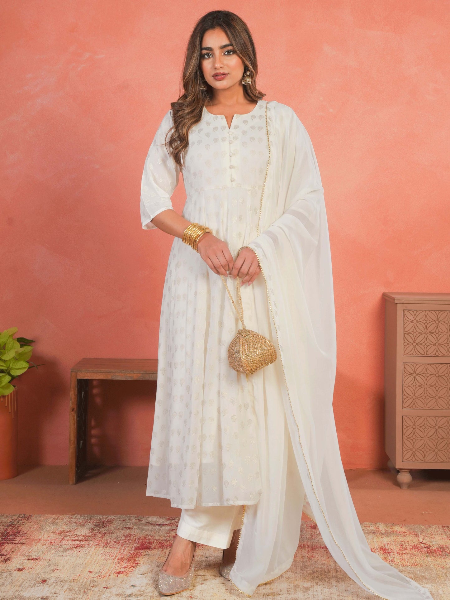 Georgette Gold foil Anarkali Off White Kurta