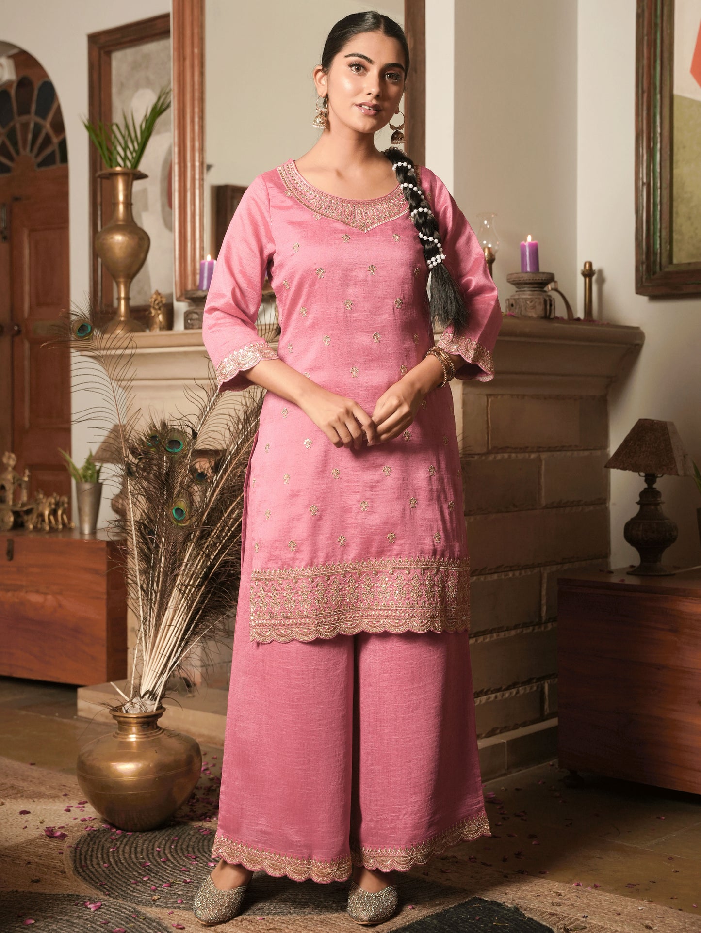 Embroidered Blended Silk Coral Kurta