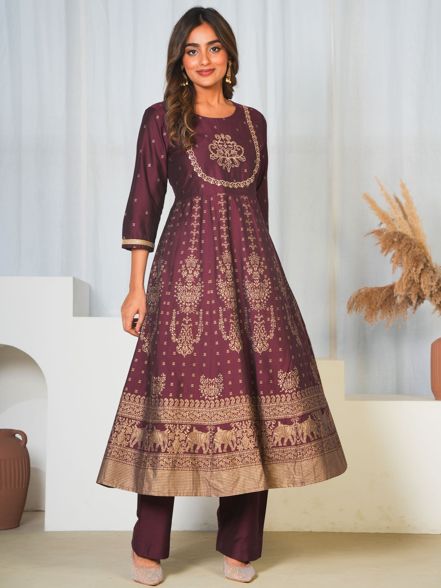 Embroidered Chanderi Gold foil Anarkali Maroon Kurta