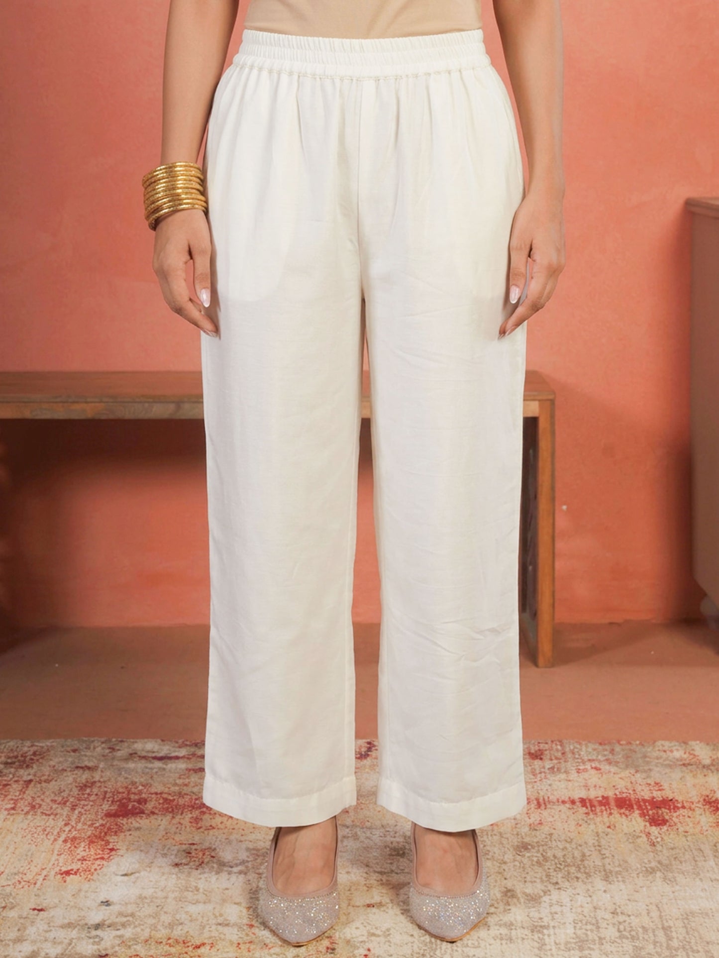Chanderi Solid Off White Straight Trousers