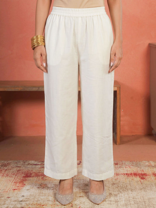 Chanderi Solid Off White Straight Trousers
