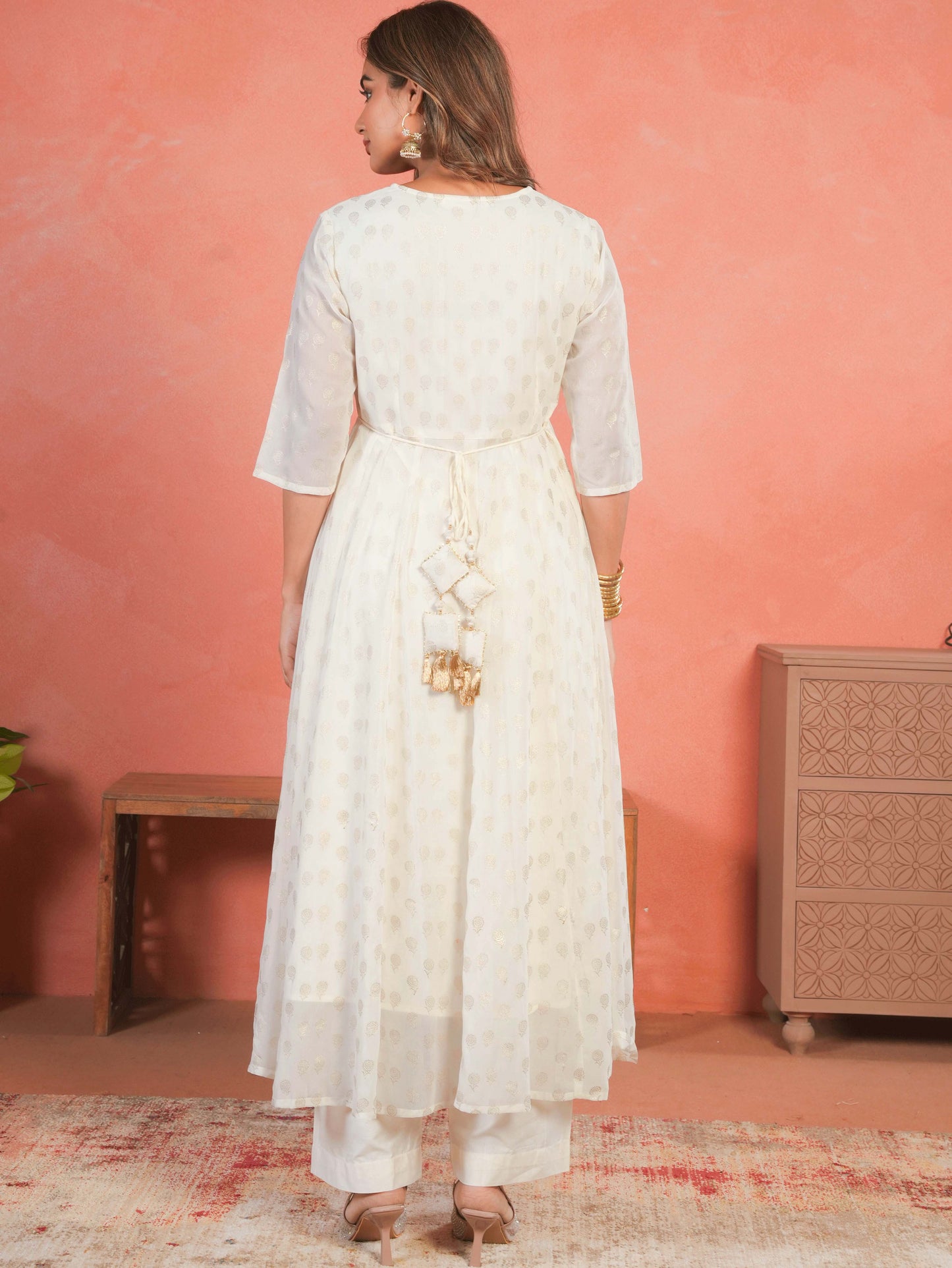 Georgette Gold foil Anarkali Off White Kurta