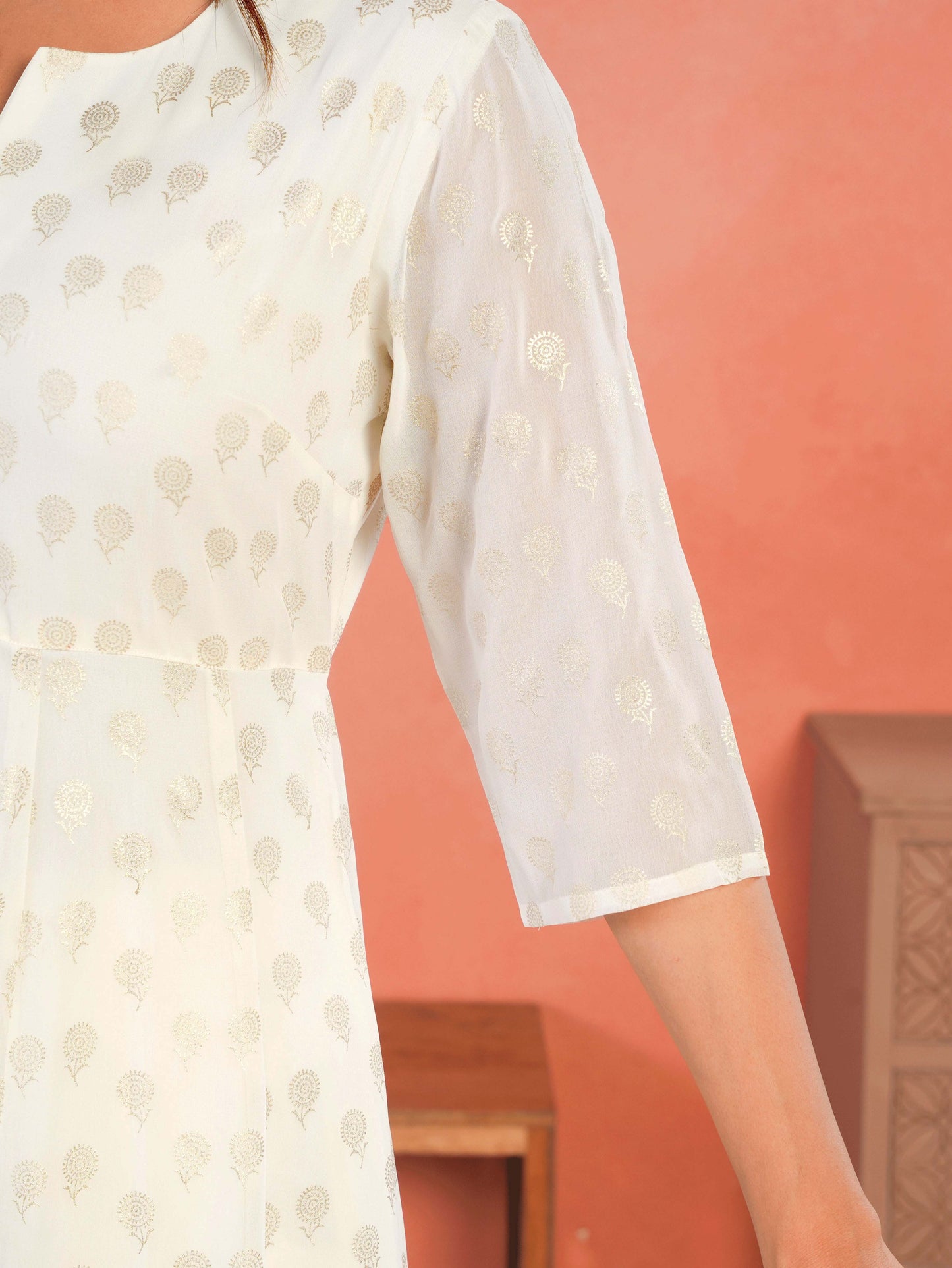 Georgette Gold foil Anarkali Off White Kurta