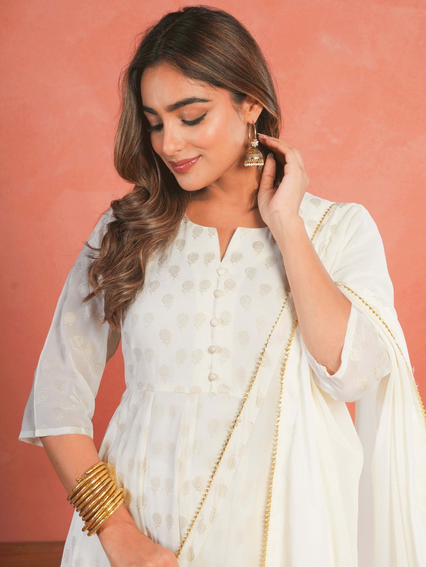 Georgette Gold foil Anarkali Off White Kurta