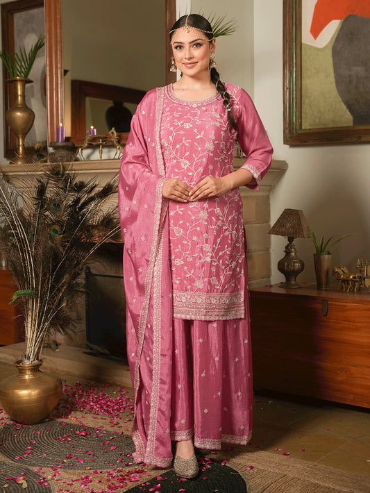 Embroidered Chinon Chiffon Dusty Pink Dupatta