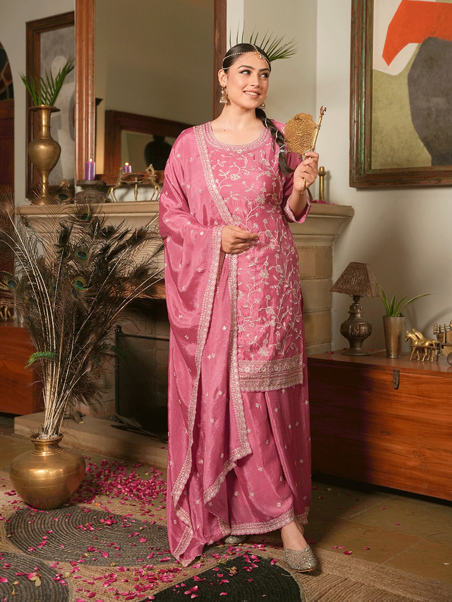 Embroidered Chiffon Dusty Pink Dupatta