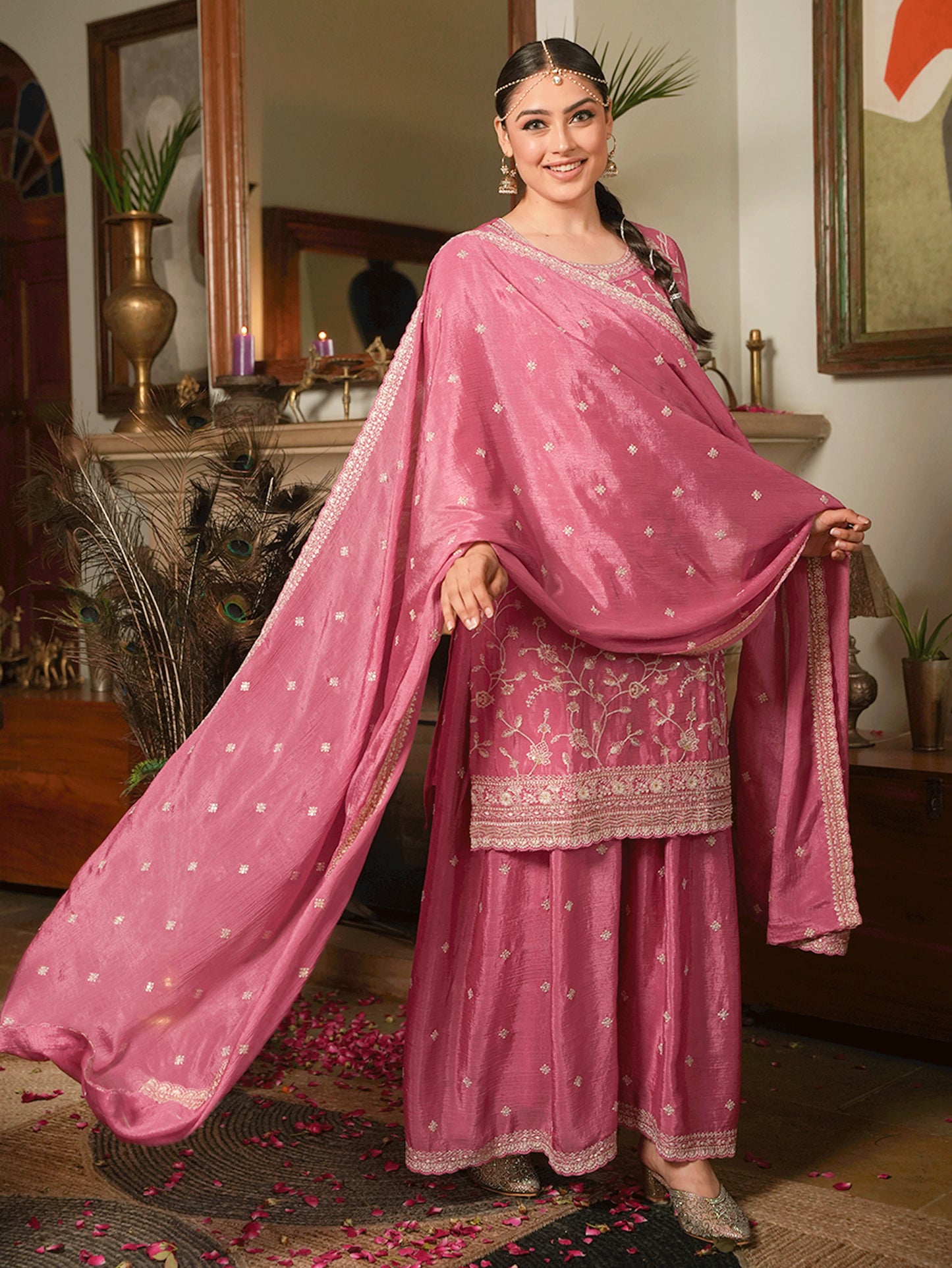 Embroidered Chiffon Dusty Pink Dupatta