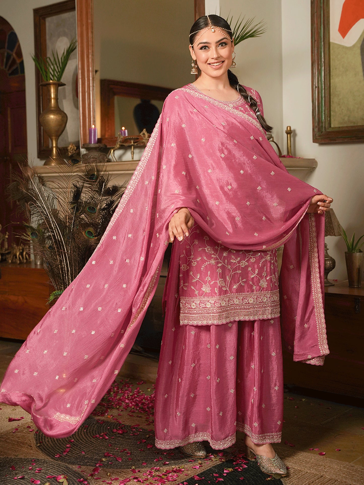 Embroidered Chinon Chiffon Dusty Pink Dupatta