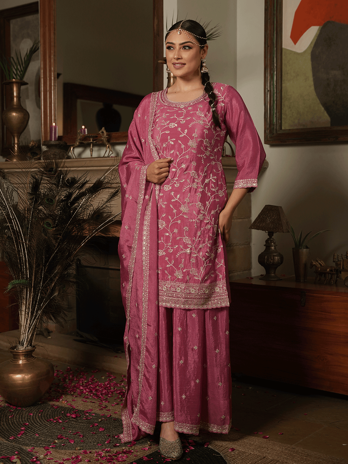 Embroidered Chinon Chiffon Dusty Pink Kurta