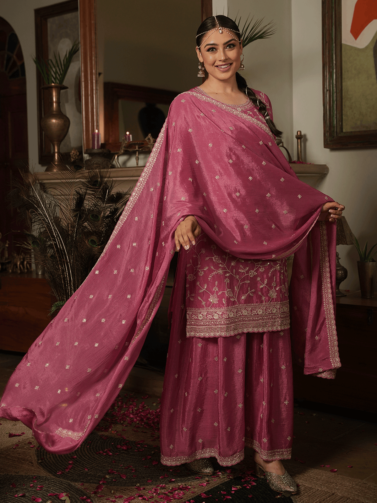 Embroidered Chinon Chiffon Dusty Pink Kurta
