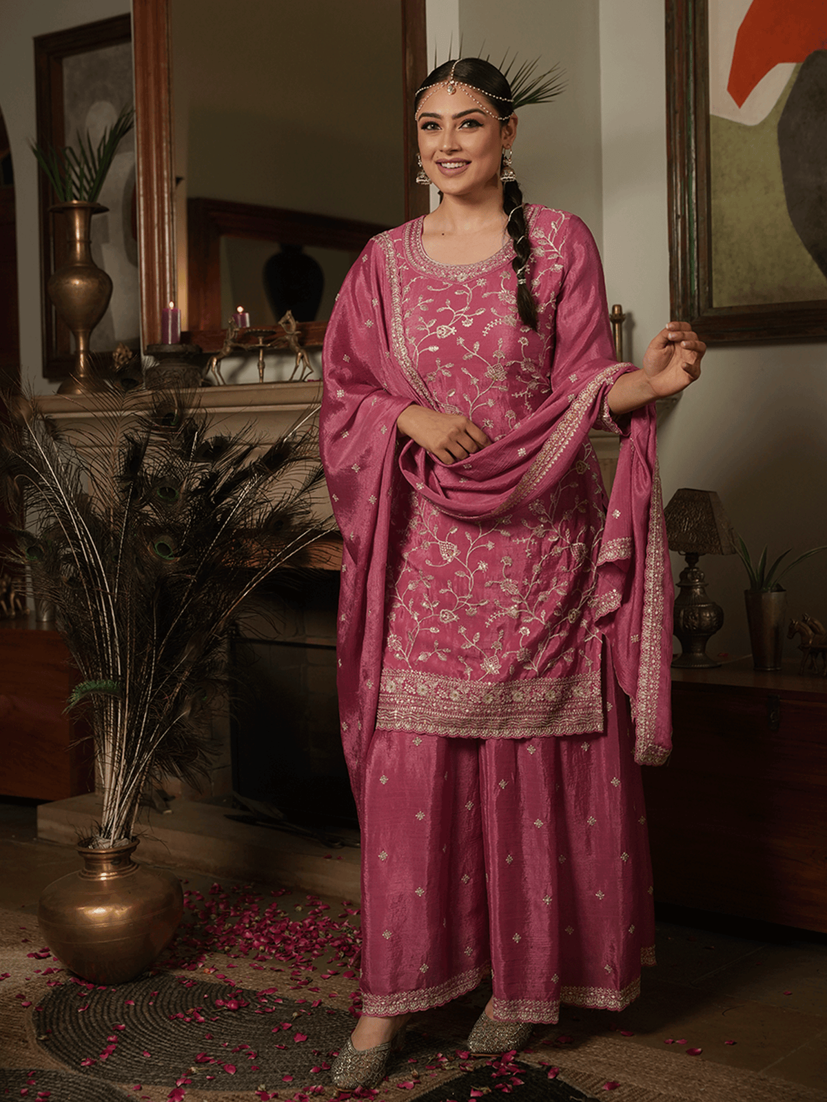 Embroidered Chinon Chiffon Dusty Pink Kurta