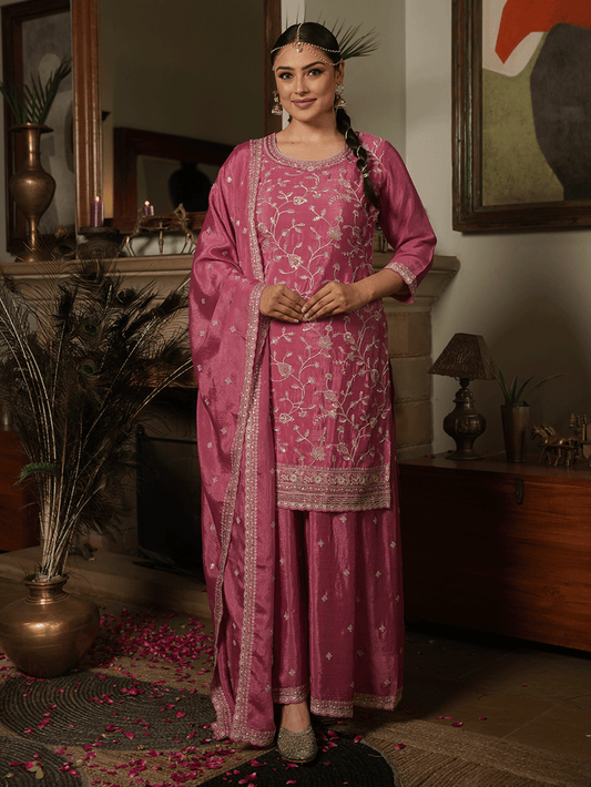 Embroidered Chinon Chiffon Dusty Pink Kurta