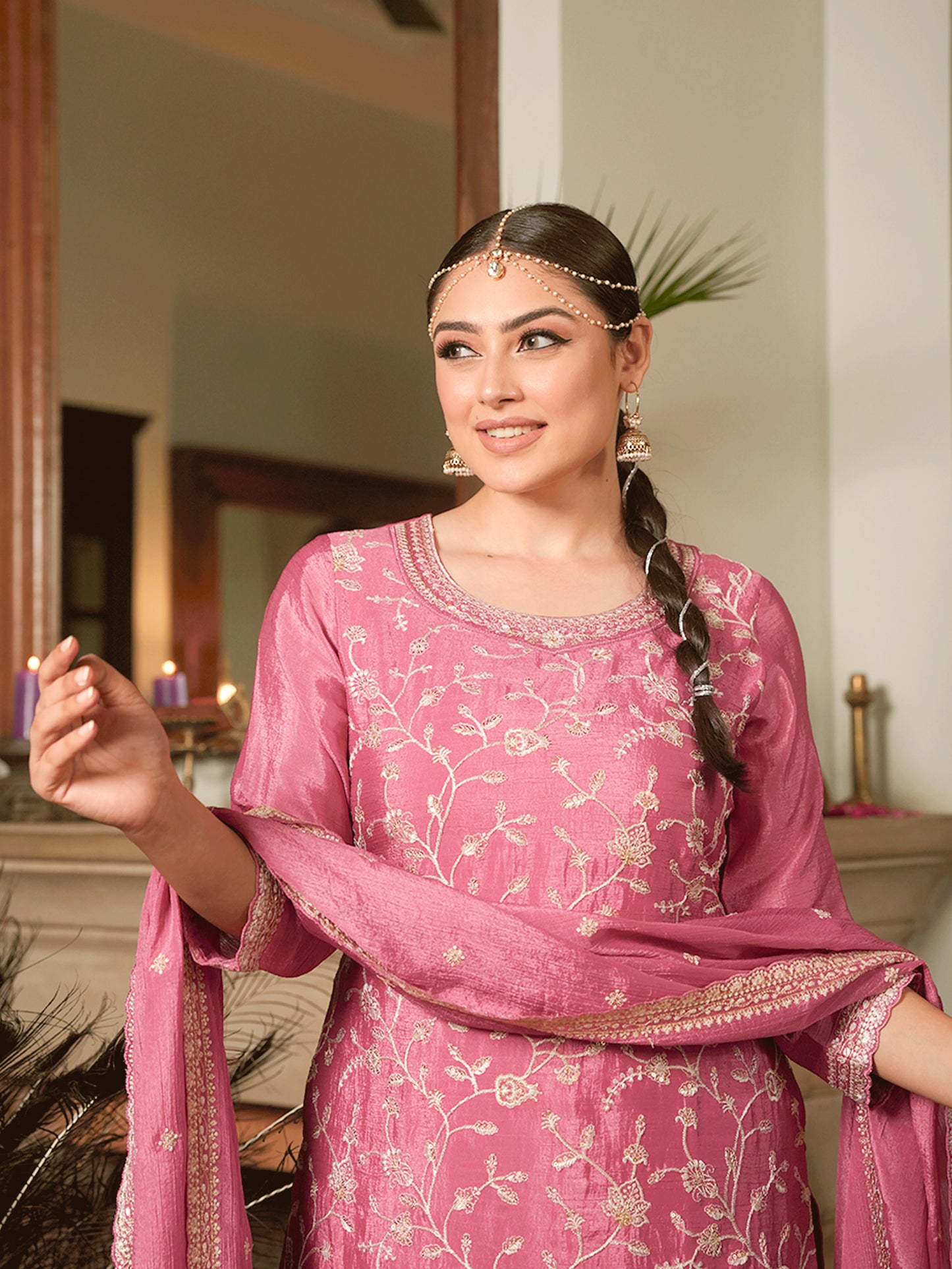 Embroidered Chiffon Dusty Pink Straight Kurta